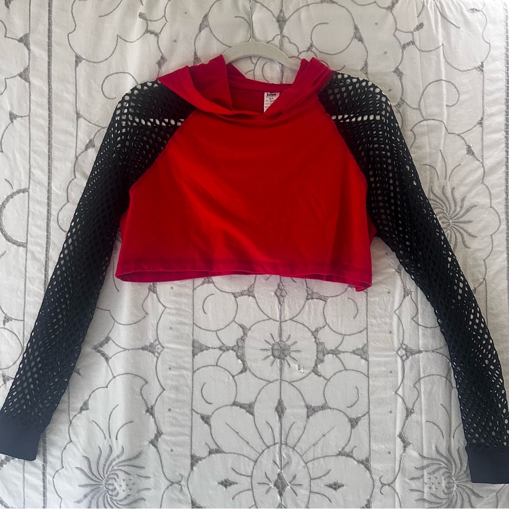 Balera Dancewear Red Crop Top Hoodie with Black Mesh Sleeves Y2K Streetwear Rave